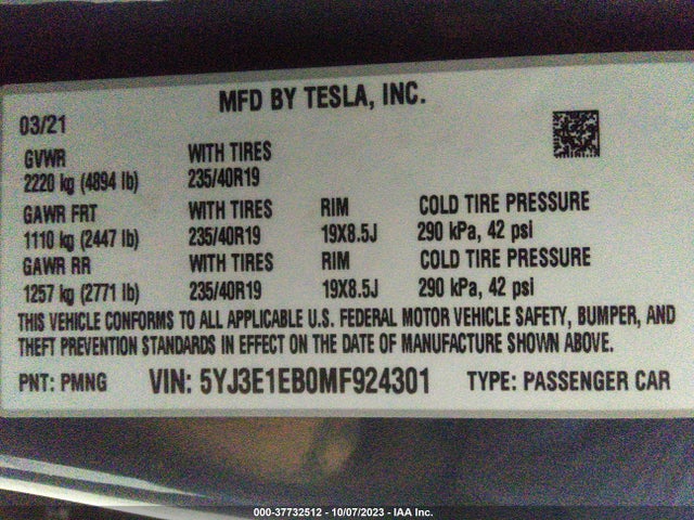 5YJ3E1EB0MF924301 Tesla Model 3 Long Range