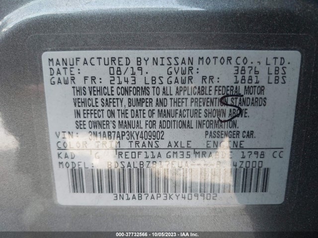 2019 NISSAN SENTRA S VIN: 3N1AB7AP3KY409902