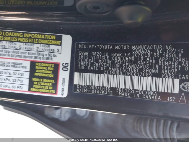 2016 TOYOTA COROLLA L/LE/S/S PLUS/LE PLUS VIN: 2T1BURHE0GC617089