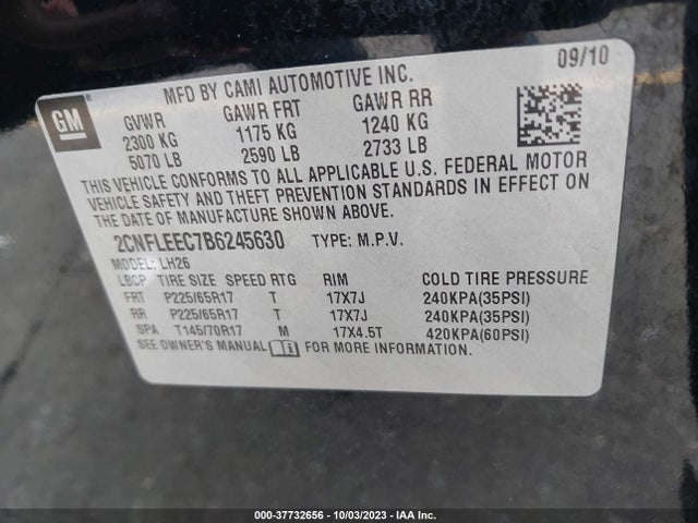 2011 CHEVROLET EQUINOX LT W/1LT VIN: 2CNFLEEC7B6245630