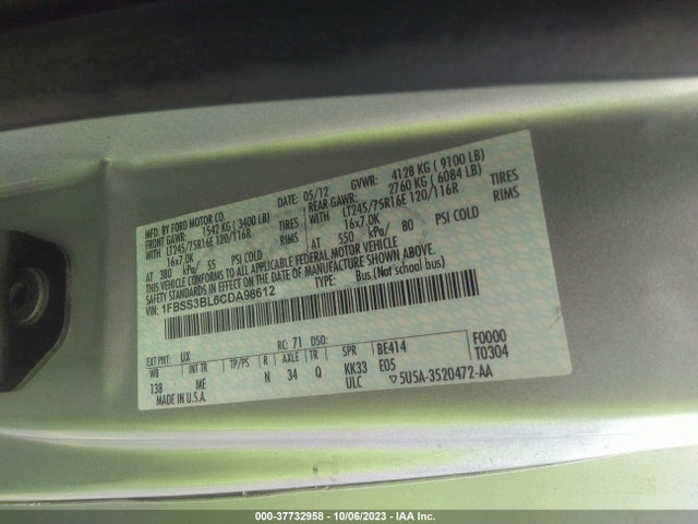 2012 FORD ECONOLINE WAGON XL/XLT VIN: 1FBSS3BL6CDA98612