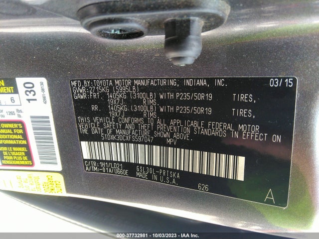 Toyota SIENNA SE 2015 5TDXK3DCXFS597047 Image 9