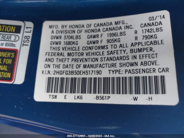 2HGFG3B50EH517190 Honda Civic Coupe Lx