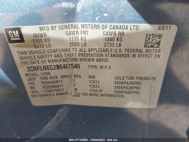 2011 CHEVROLET EQUINOX 2LT VIN: 2CNFLNEC2B6407549