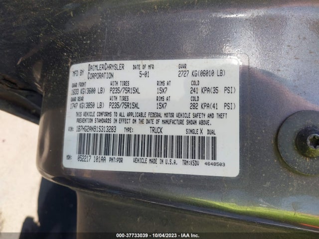 2001 DODGE DAKOTA SLT/SPORT VIN: 1B7HG2AN91S313283