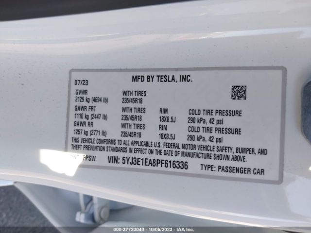 5YJ3E1EA8PF616336 Tesla MODEL 3
