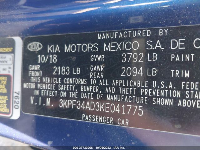 3KPF34AD3KE041775 KIA FORTE S