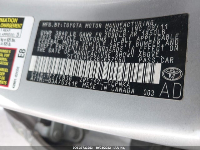 2011 TOYOTA COROLLA L/LE/S VIN: 2T1BU4EE2BC687080