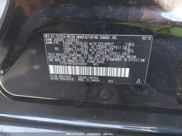 2012 TOYOTA RAV4 VIN: 2T3ZF4DV2CW148900