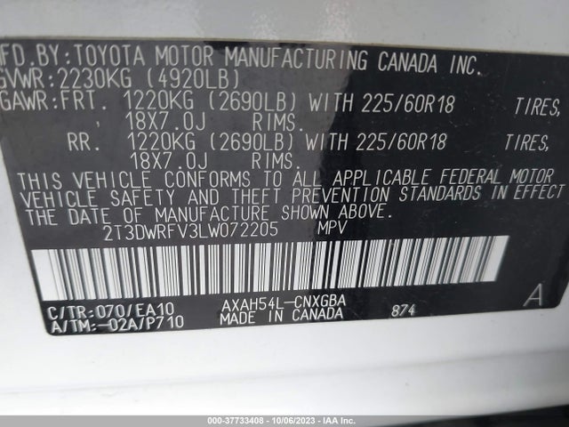 2020 TOYOTA RAV4 LIMITED HYBRID VIN: 2T3DWRFV3LW072205