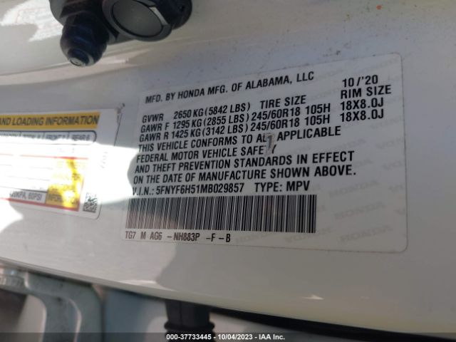 5FNYF6H51MB029857 Honda Pilot Ex-l