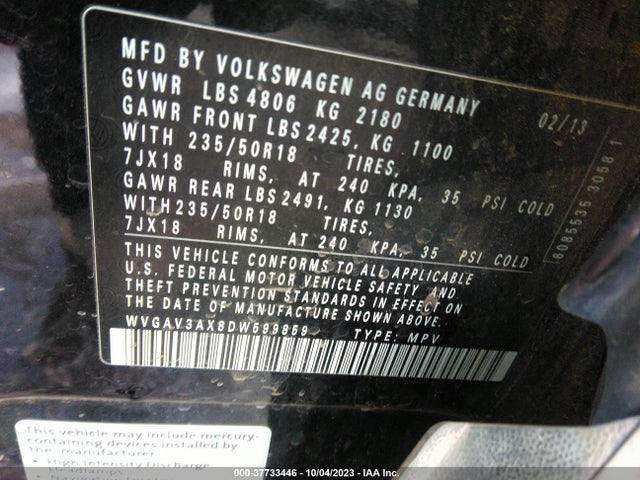 2013 VOLKSWAGEN TIGUAN SE VIN: WVGAV3AX8DW599859