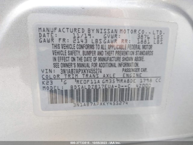 2019 NISSAN SENTRA SV VIN: 3N1AB7APXKY455274