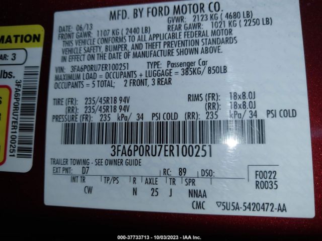 3FA6P0RU7ER100251 Ford Fusion Titanium Hybrid
