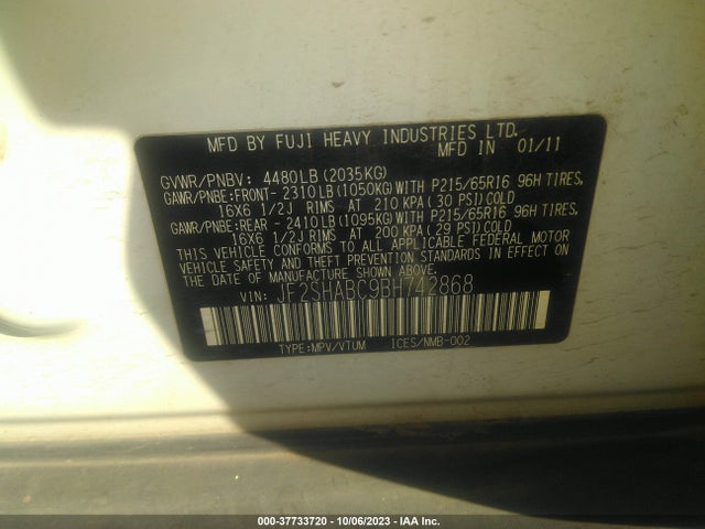2011 SUBARU FORESTER 2.5X VIN: JF2SHABC9BH742868