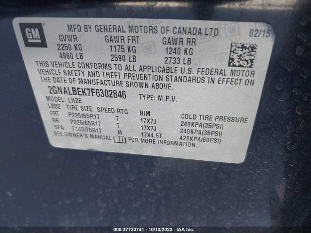 2015 CHEVROLET EQUINOX LT VIN: 2GNALBEK7F6302846