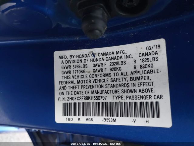 2HGFC2F88KH550797 Honda Civic Sport