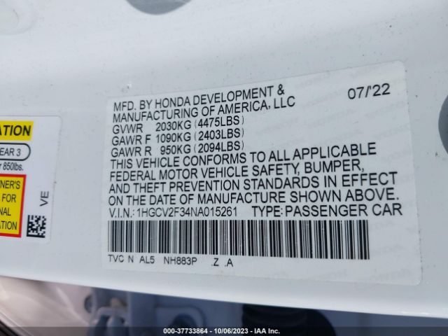 1HGCV2F34NA015261 Honda Accord Sedan Sport