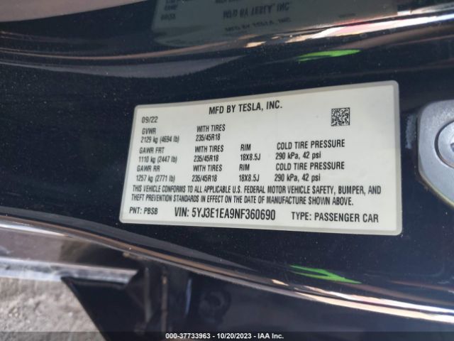 5YJ3E1EA9NF360690 Tesla Model 3 Rear-wheel Drive
