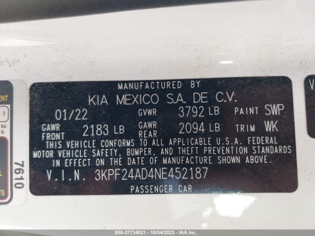 3KPF24AD4NE452187 KIA Forte Lxs
