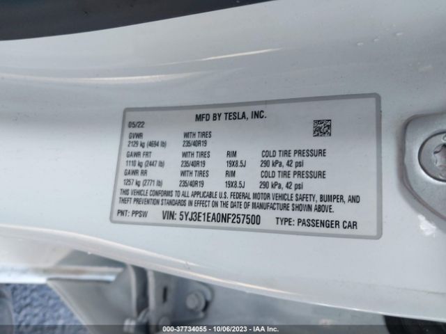 5YJ3E1EA0NF257500 Tesla Model 3 Rear-wheel Drive
