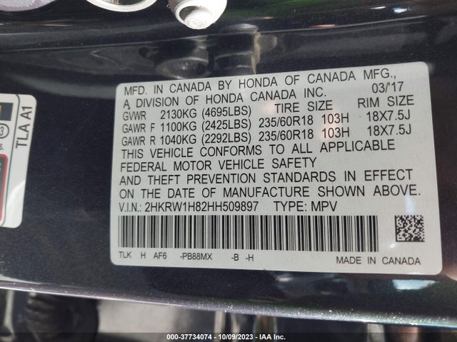 Honda Cr-v Ex-l 2017 2HKRW1H82HH509897 Image 9