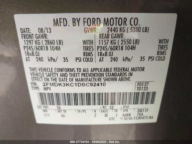 2013 FORD EDGE LIMITED VIN: 2FMDK3KC1DBC92410