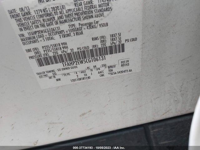 37734193 :رقم المزاد ، 1FAHP2EW5CG106131 vin ، 2012 Ford Taurus Sel مزاد بيع