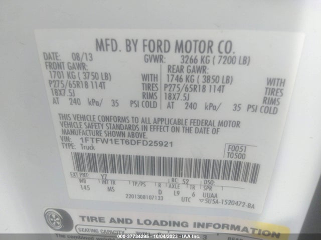 2013 FORD F-150 XLT VIN: 1FTFW1ET6DFD25921