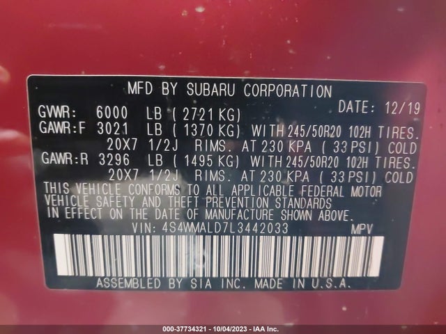 4S4WMALD7L3442033 Subaru Ascent Limited
