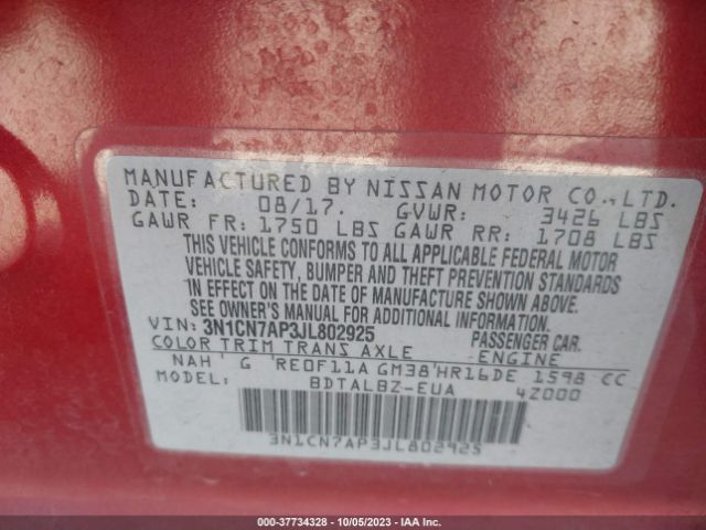 3N1CN7AP3JL802925 Nissan Versa Sedan Sv