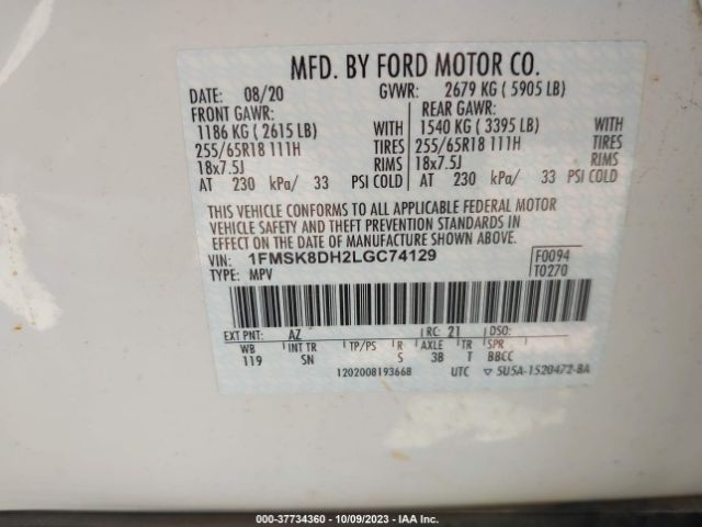 2020 FORD EXPLORER 1FMSK8DH2LGC74129 Photo 8