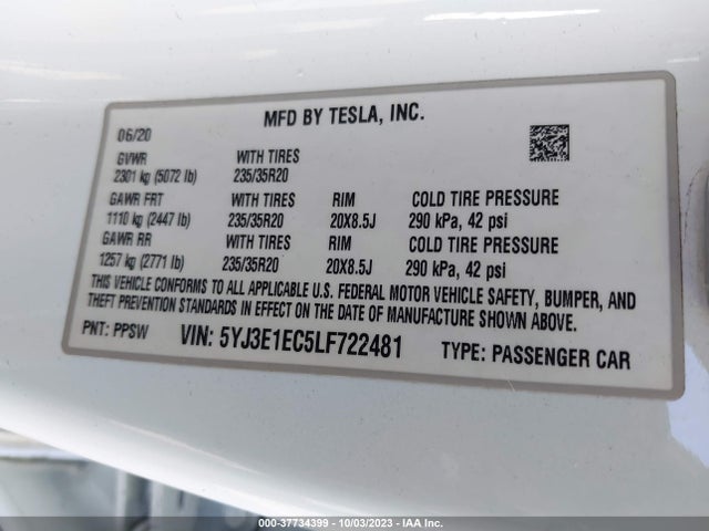 Tesla Model 3 Performance 2020 5YJ3E1EC5LF722481 Image 9