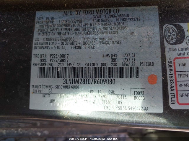 2007 LINCOLN MKZ 3LNHM28T07R609080 Photo 8