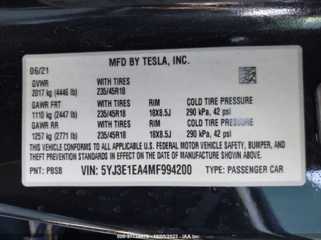 5YJ3E1EA4MF994200 Tesla Model 3 Standard Range Plus