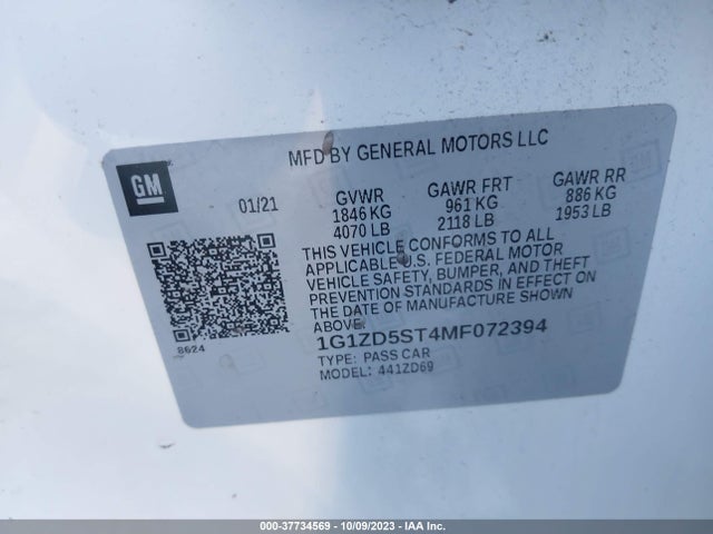 Chevrolet MALIBU LT 2021 1G1ZD5ST4MF072394 Image 9