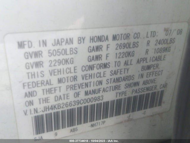 2009 ACURA RL TECH PKG/TECH/CMBS W/PAX VIN: JH4KB26639C000983