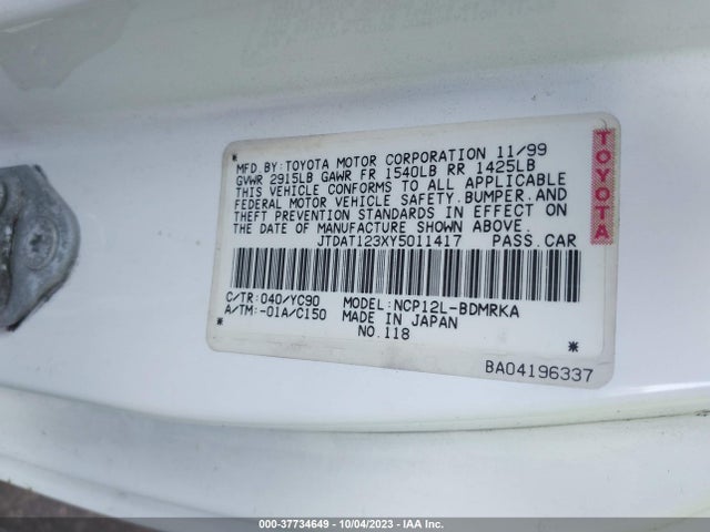 2000 TOYOTA ECHO VIN: JTDAT123XY5011417