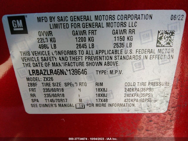2022 BUICK ENVISION FWD PREFERRED VIN: LRBAZLR46ND139646