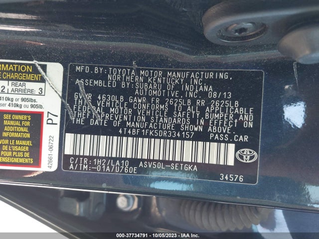 2013 TOYOTA CAMRY L/LE/SE/XLE VIN: 4T4BF1FK5DR334157