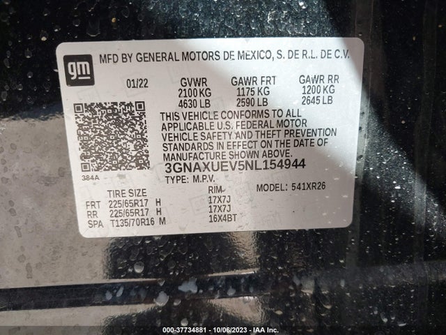 2022 CHEVROLET EQUINOX LT VIN: 3GNAXUEV5NL154944