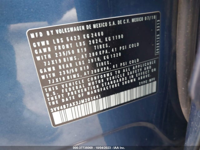 3VV4B7AX3JM201441 Volkswagen Tiguan Sel Premium