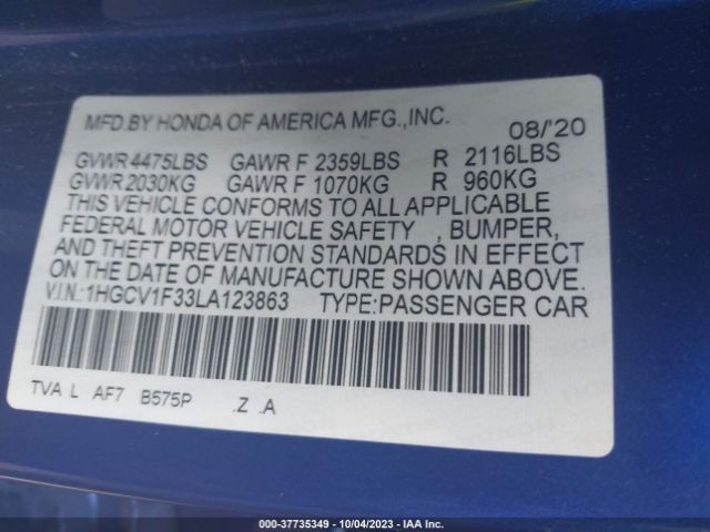 1HGCV1F33LA123863 Honda Accord Sedan Sport