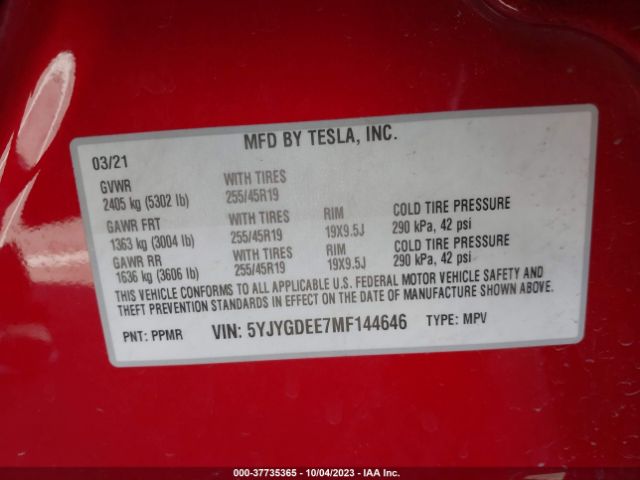 2021 TESLA MODEL Y 5YJYGDEE7MF144646 Photo 8