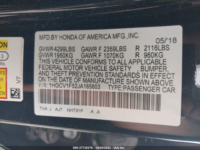 1HGCV1F52JA165603 Honda Accord Sedan Ex-l 1.5t