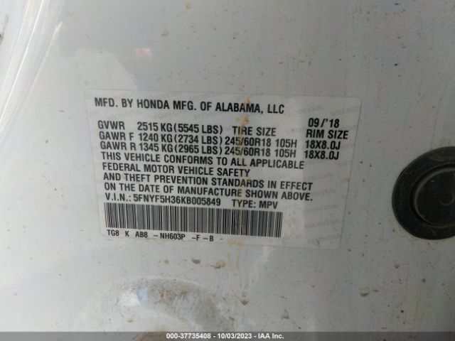 5FNYF5H36KB005849 Honda Pilot Ex