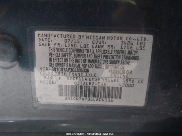 3N1CN7AP3GL806336 Nissan VERSA SV
