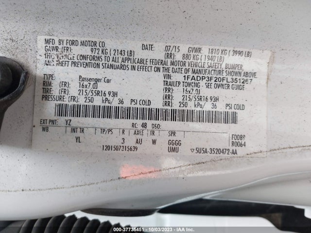 2015 FORD FOCUS SE VIN: 1FADP3F20FL351267