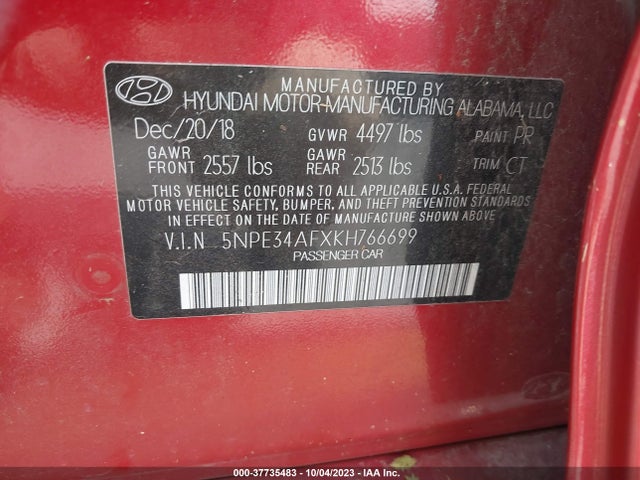 2019 HYUNDAI SONATA SPORT VIN: 5NPE34AFXKH766699