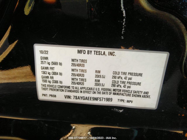 Tesla Model Y Long Range 2022 7SAYGAEE9NF571989 Image 9